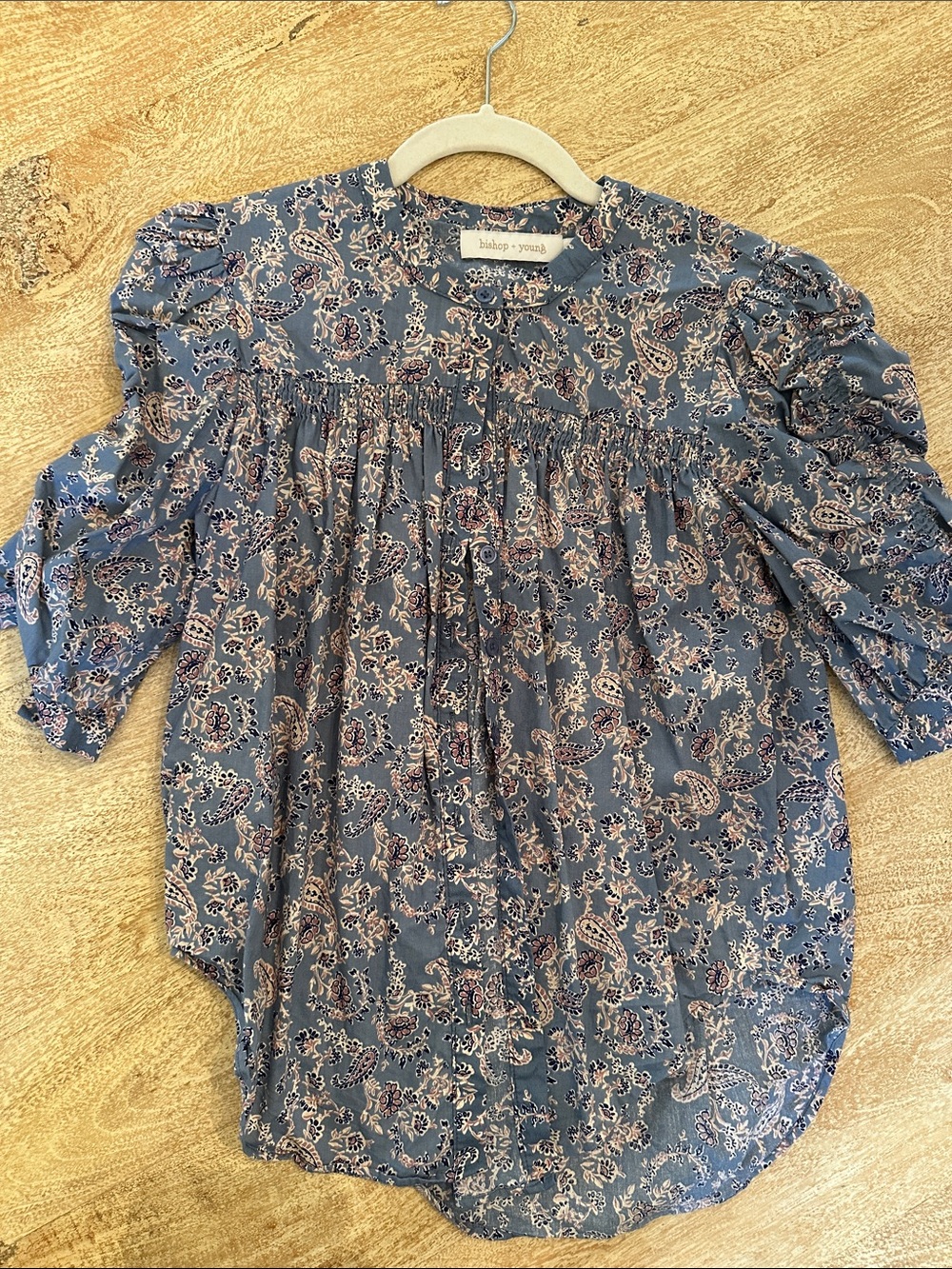 bishop + young Dusty Blue Paisley Smocked Peasant Blouse